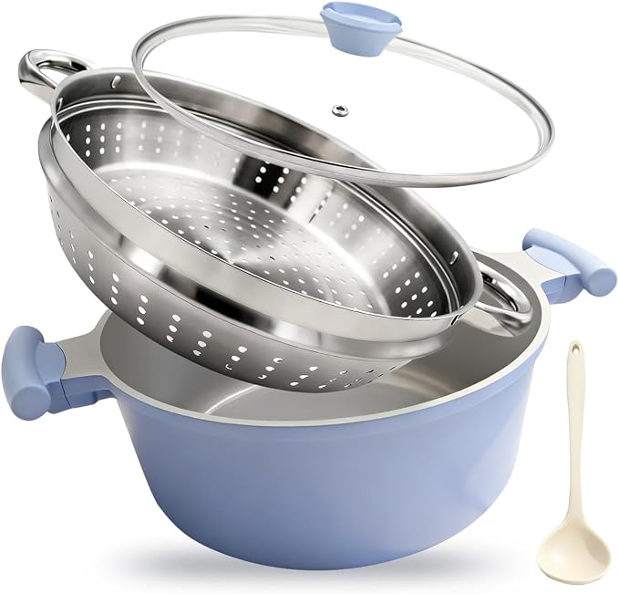 AIKENBBKK Ceramic Steamer Pot for Cooking, 7 QT Large Steaming Pot with Lid, Nonstick Cooking Pot with Steamer Basket, Big Steamer Cookware for Vegetable, Food, Dumplings, Induction Compatible, Blue