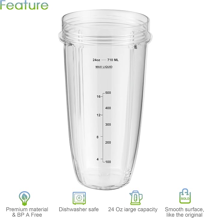 MEET JUICE 7-Fin Blender Replacement Parts for Ninja BL480 BL640 BL642 – 24oz Cup with Lid and Blade, Fits 7-Fin Drive Systems Only