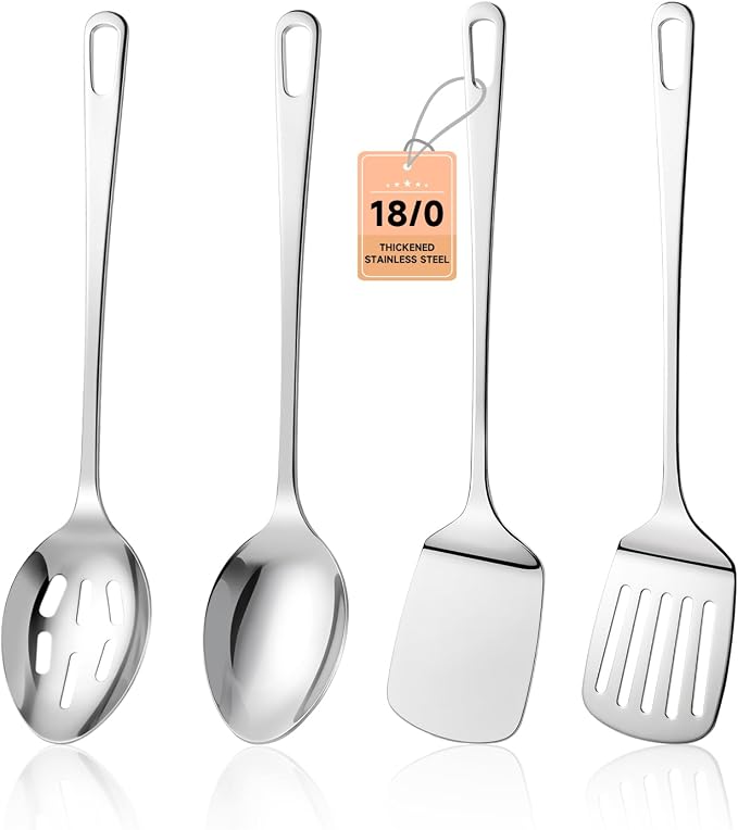 Cooking Utensils Set, 4PCS Stainless Steel Spatula, Dishwasher Safe | Metal Kitchen Utensils Set, Heat Resistant Solid & Slotted Turner, Serving & Slotted Spoons for Flipping Fish, Eggs, Pancakes