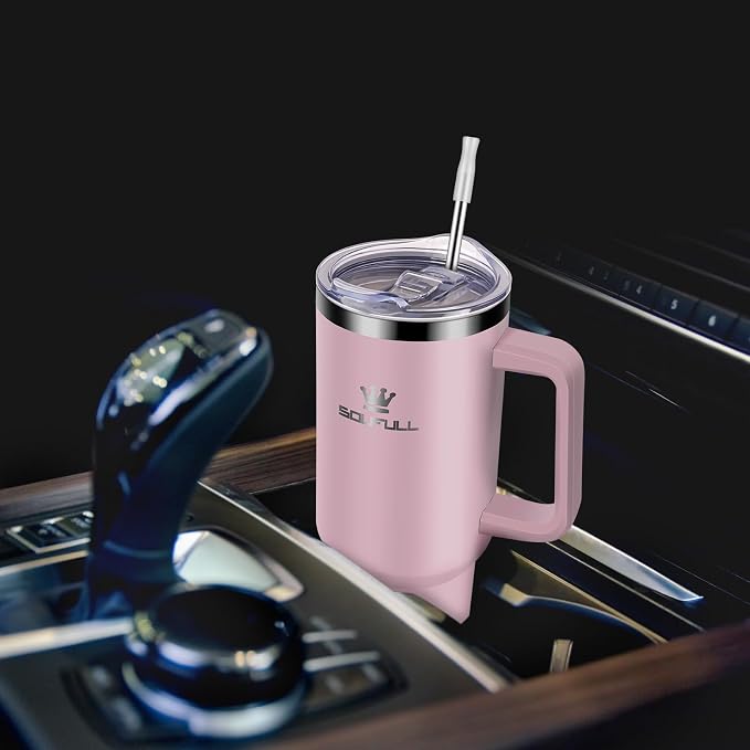 Soufull 40 oz Tumbler with Handle and Straw Lid, 100% Leak-proof, Pink | Stainless Steel Insulated Travel Coffee Cup, Keeps Cold 34Hrs or Hot 10Hrs, Dishwasher Safe