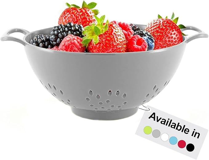Meadow Lane 6-Inch Small Colander, 3-Cup Food Strainer, Silver Gray | BPA-free, dishwasher-safe mini colander has a wide, shallow bowl, 1/8-inch holes, two handles, ring foot and smooth edges.
