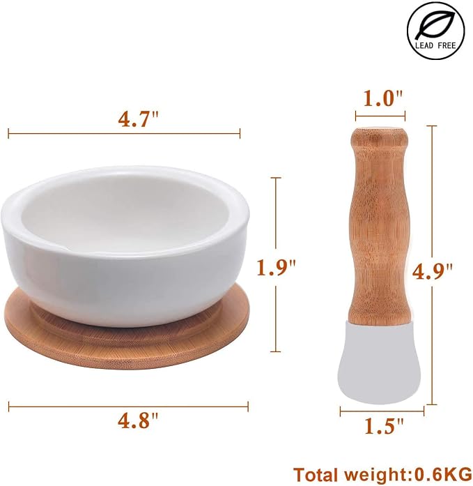 E-liu Porcelain Mortar and Pestle Set with Lid, Functional for Grinding | Pill Crusher, Spice Grinder, Herb Bowl, Pesto Powder – Molcajete for Salt - PLUS Lid/Non-Slip Base