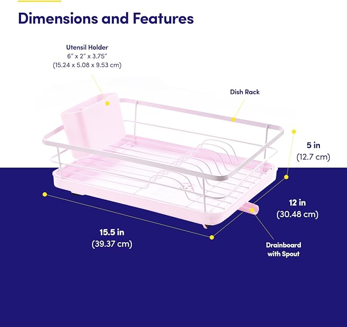 Dish Drying Rack 3 Piece Dish Drainer with Drainboard Set for Kitchen Counter – Dish Rack with Removable Utensil Holder & Swivel Spout for Countertop – DishRack for Plates, Cups & More, Pale Pink