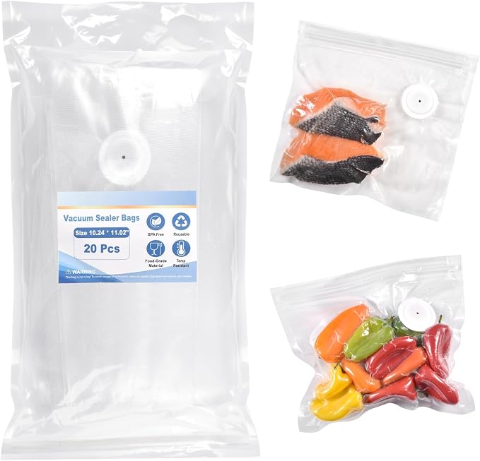 Reusable Vacuum Sealer Bags for Food, 20 BPA-Free Medium (10 x 11in) Food Storage Bags, Freezer, Odor-Resistant, Leak-Proof, Compatible with Vacuum Sealers