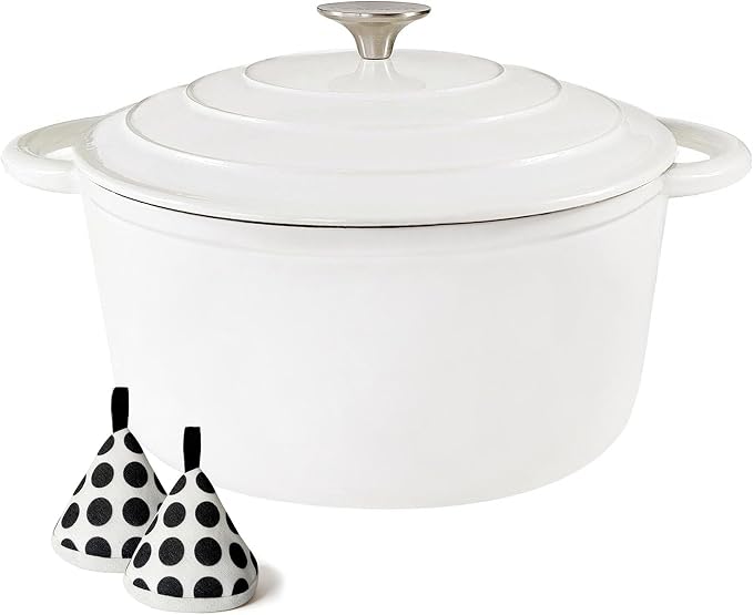 3 Quart Cast Iron Dutch Oven with Lid, Dual Handles Enameled Soup Pot, Heavy Duty and Oven Safe for Bread Baking, Braising, Cooking and Family Gifts, White