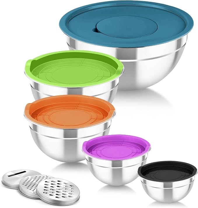 TeamFar Mixing Bowls with Lids, 5PCS Stainless Steel Metal Salad Bowl | with lids & 3 Grater Attachments, for Cooking/Prepping/Serving, Airtight Lids & Easy Clean - 0.7/1/1.5/2.6/4.6QT, Multi-Color