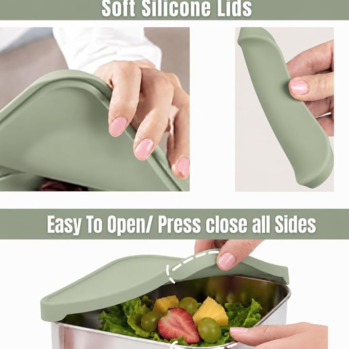 Flexibento Leak Proof 40 OZ Stainless Steel Lunch Box, Silicone Lids, Sage Set of 3