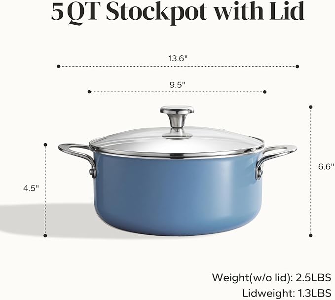 Redchef Ceramic Stock Pot, Induction Cooking Pot with Glass Lid for Soup, 5Qt Stockpot Nonstick Soup Pot, Even Heating, Stay-Cool Handles,Fits All Stoves, Oven/Dishwasher Safe, PFAS Free (Blue)