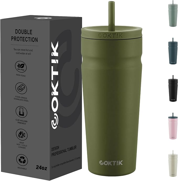 COKTIK 24oz Insulated Tumbler with Lid and Straw Iced Coffee Cup Reusable Stainless Steel Travel Mug Water Bottle Cupholder Friendly for Women Men Her Him (Olive)