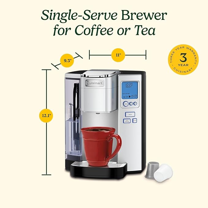 Cuisinart Coffee Maker, Single Serve 72-Ounce Reservoir Coffee Machine, Programmable Brewing & Hot Water Dispenser, Stainless Steel, Cream