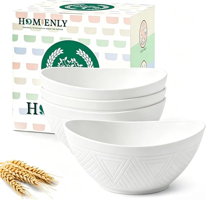 Wheat Straw Serving Bowls Unbreakable Serving Bowls for Kitchen, Camping, Party, RV, Microwave and Dishwasher Safe Soup Bowls 26 OZ Popcorn Bowls Reusable (4 PCS White)