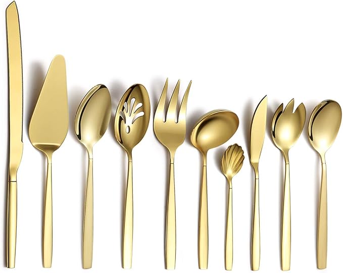 Berglander Gold Serving Utensils 10 Pieces, Titanium Golden Plating Serving Spoons, Included Cake Knife Cake Server Serving Forks Sugar Spoon Salad Spoon Forks Butter Knife Gravy Ladle ect.