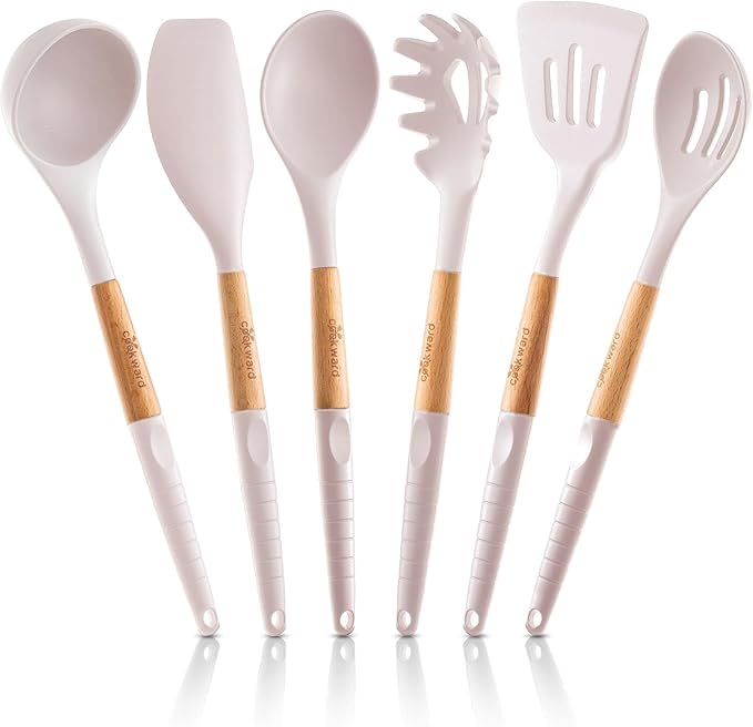 Silicone Cooking Utensils Set 6 Piece – Heat Resistant up to 480°F, BPA Free & Non-Scratch Kitchen Tools with Natural Wood Handles, White