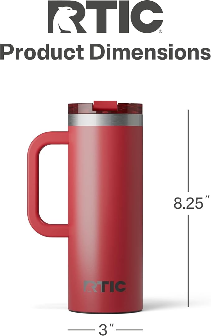 RTIC 20oz Road Trip Travel Mug with Lid and Handle, Ceramic Lined, Insulated, Stainless Steel, Metal, Double Wall Vacuum-Insulation, Portable Coffee, Tea Cup for Hot and Cold Drink, Flag Red