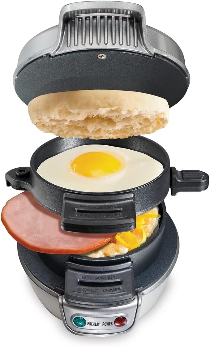 Hamilton Beach Breakfast Sandwich Maker with Egg Cooker Ring | Perfect for English Muffins, Croissants, Mini Waffles | Customizable & Fast | PFAS-Free | Silver | 25475MN