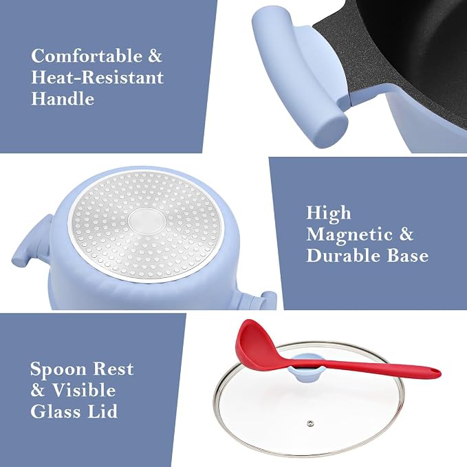 7 Qt Nonstick Stock Pot with Lid, Large Soup Pot with Stay-Cool Handle,Blue | Lightweight & Durable, Suitable for All Stoves, Including Induction, PTFE & PFAS & PFOA Free