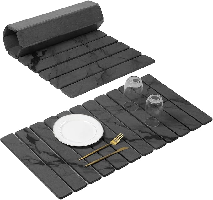 Extra Large Stone Dish Drying Mat for Kitchen Counter, Quick Dry Stone Dishes Mats, Foldable Water Absorbing Diatomaceous Drying Pad for Countertop Bottles Utensils Cups Bathroom(Dark Gray 32"×16"）