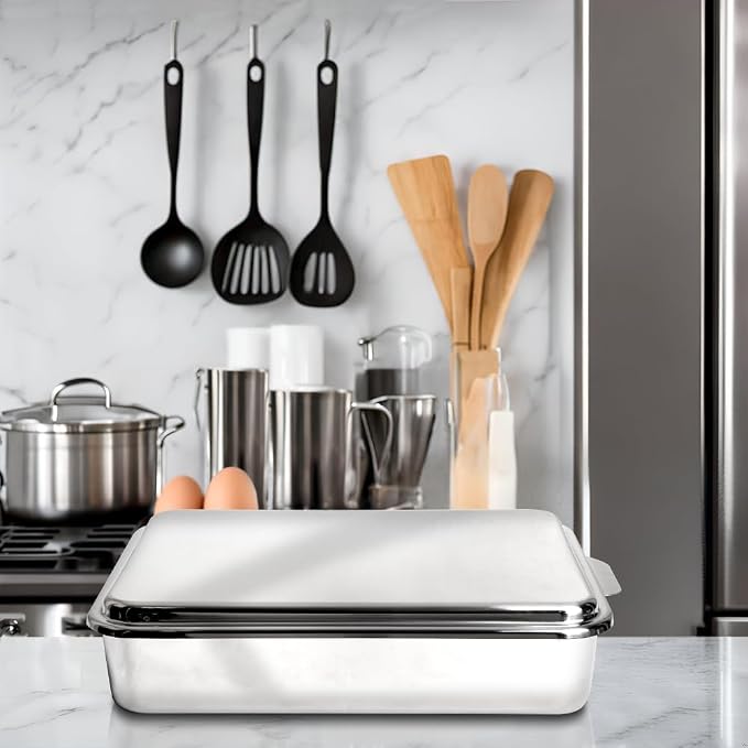 Lindy's Stainless Steel 9 X 13 Inches Covered Cake Pan with Stainless Steel Lid, Deep Pan for Baking Cakes, Breads, Casseroles, Fish, Vegetables and More