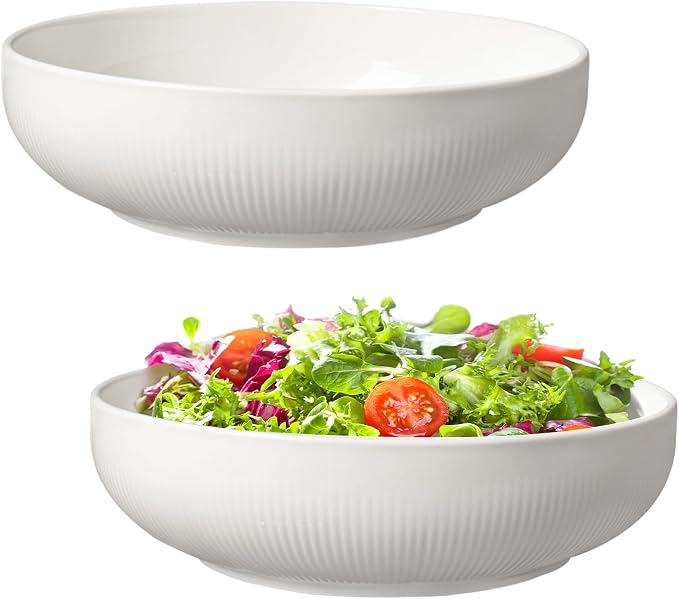 Set of 2 Serving Bowls- 9inch Extra Large Salad Bowls -Porcelain White Serving Bowls for Salad Soup Pasta and Dinner-Large Ceramic Bowl Set for Entertaining