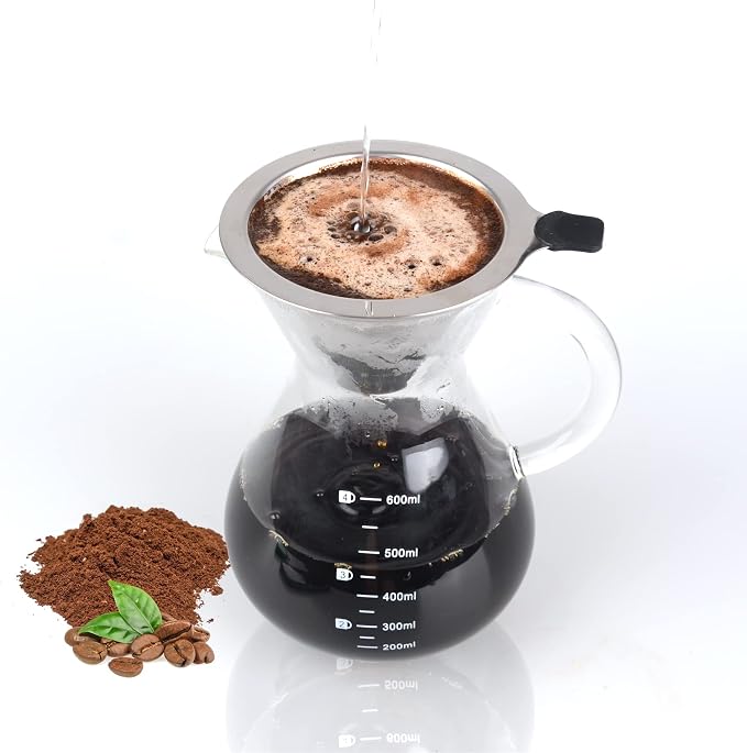 T-mark Pour Over Coffee Maker with Reusable Double-layer Stainless Steel Filter, 600ml/20oz BPA-Free Glass Coffee Carafe, Glass Coffee Maker, Coffee Dripper Brewer | BPA-Free Glass Coffee Carafe, Glass Coffee Maker, Coffee Dripper Brewer