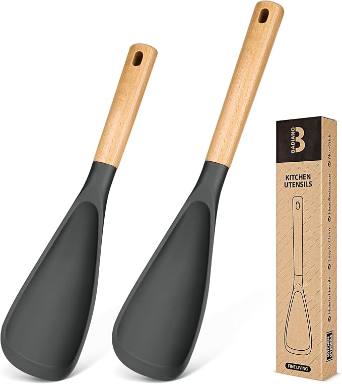 Multifunction Cooking Spoons for Nonstick Cookware,11.4"&13.4",Grey | Great for Cooking and Serving, Sturdy BPA-Free Matte Silicone, Wood Handle spoonula for Mixing, Scoop, and Scrape