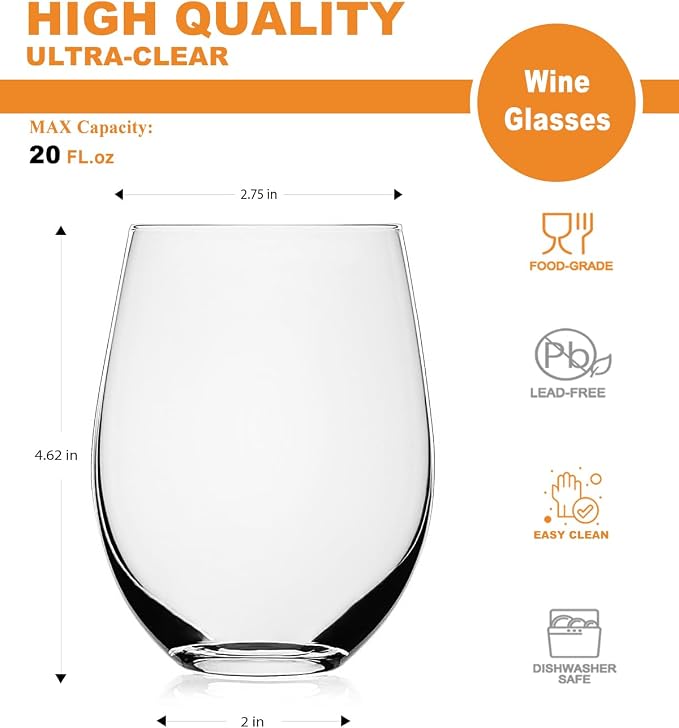 LUXU Stemless Wine Glasses(Set of 4)-20 oz,Crystal Wine Cups | Red or White Wine,Large Water Juice Glasses,No Stem Glass Beverage Cups,Clear Drinking Tumblers for Any Occasion