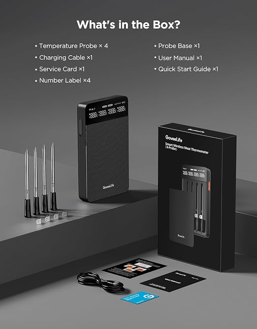 GoveeLife Smart Wireless Meat Thermometer Digital 4 Probes with App Alarm | Stable Bluetooth WiFi Transmission, IP68 Waterproof, Standalone Charge Magnetic Base, Grill Thermometer for BBQ, Smoker, Oven