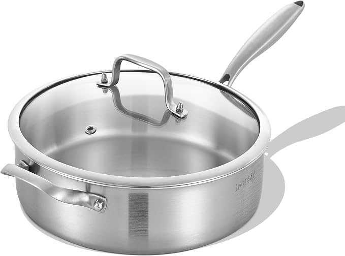 Inqibee 7 QT Tri-Ply Stainless Steel Saute Pan with Lid | Deep Frying Pan with Helper Handle | 12 Inch | Induction Compatible | Oven & Dishwasher Safe | Serves 6–8 People