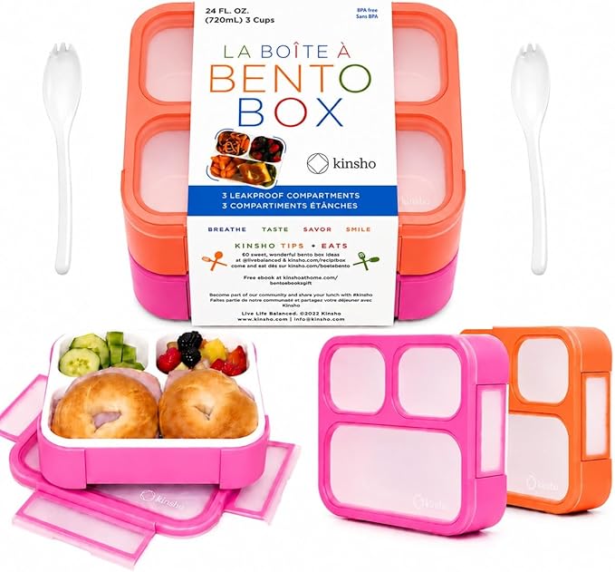 kinsho Bento Box for Kids, Toddler Lunch Boxes Snack Container for Small Boys Girls School Daycare, Leakproof 3 Compartments, Adult Portion Control Snacks, BPA Free. Medium Orange Pink 2 Pack