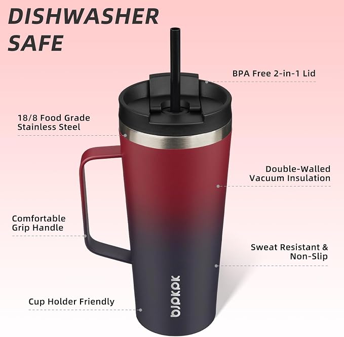 BJPKPK 22oz Insulated Tumbler with Handle, Lid & Straw, Stainless Steel | Double Wall Vacuum Insulated Coffee Travel Mug - Keeps Cold & Hot, BPA Free, Cupholder Fit for Office, Gym & Travel