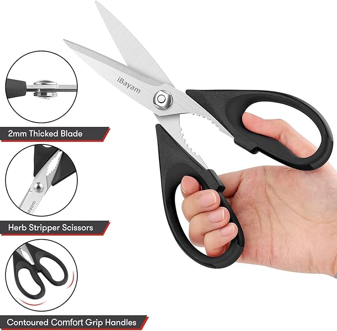 iBayam Black Kitchen Scissors - Heavy Duty Meat & Poultry Shears | Dishwasher Safe Stainless Steel Utility Scissors, 2-Pack Black Kitchen Utensils Set for New Home Essentials, Bottle Opener
