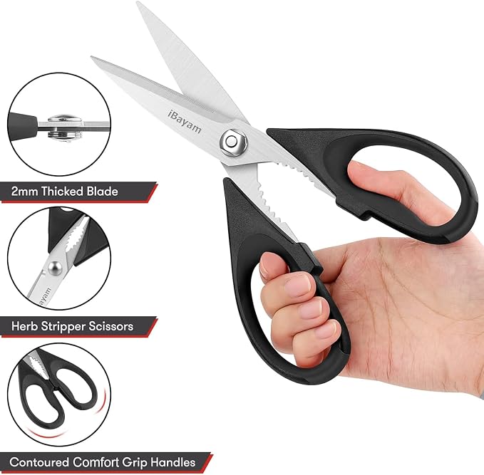 iBayam 2 Pack All Purpose Kitchen Scissors Shears Heavy Duty, Blade Covers | Stainless Steel Blade, Soft Comfort-Grip Handle, Dishwasher Safe, Food & Meat Scissors, Home, Kitchen, Dining Utility Gadgets
