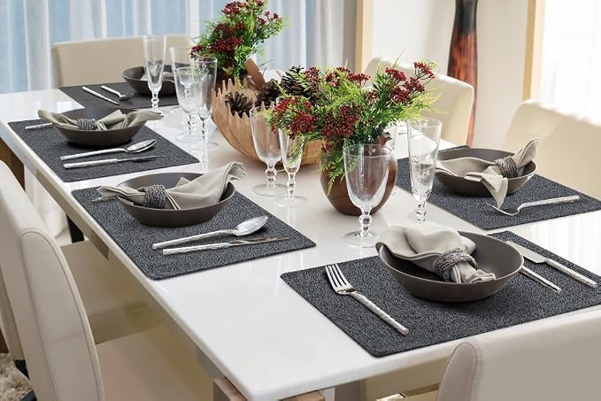 Faux Cotton Linen Placemats Set of 4, Cloth Washable Farmhouse Dining Table Mats for Indoors & Outdoors, Easy to Clean, Charcoal, 13 x 19 Inch