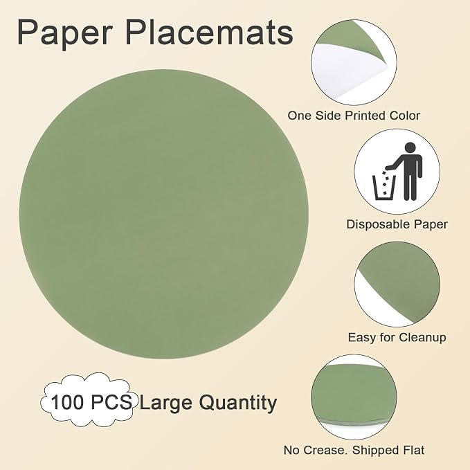 SHACOS 100 PCS Round Paper Placemats 13 inch Disposable Paper Place Mats for Dinner Wedding Birthday Party Festival Table Decoration Indoor Outdoor, Sage Green (Pack of 2)