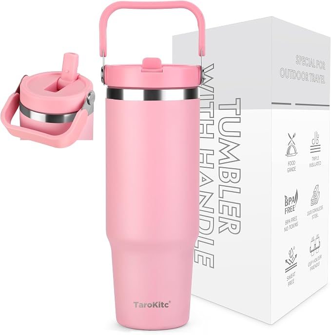 TaroKitc 30 oz Tumbler with Handle and Flip Straw, Triple-Wall Vacuum Insulated Water Bottle, Leakproof Reusable Travel Mug for Home, Outdoors, Fit in Car Cup Holder, Cold for 30 Hrs,Pink