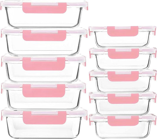 M MCIRCO 10 Pack Glass Food Storage Containers with Lids, Pink | Glass Meal Prep Containers,Airtight Lunch Containers with Lids, Microwave, Oven, Freezer and Dishwasher Friendly, BPA Free