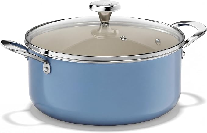Redchef Ceramic Stock Pot, Induction Cooking Pot with Glass Lid for Soup, 5Qt Stockpot Nonstick Soup Pot, Even Heating, Stay-Cool Handles,Fits All Stoves, Oven/Dishwasher Safe, PFAS Free (Blue)