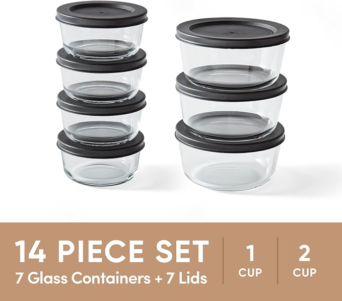 14-Piece Glass Food Storage Containers Set (7 Containers + 7 BPA-Free Lids) | 1-Cup & 2-Cup, Leakproof | Microwave, Freezer, Oven & Dishwasher Safe | Ideal for Meal Prep & Pantry Organization, Black