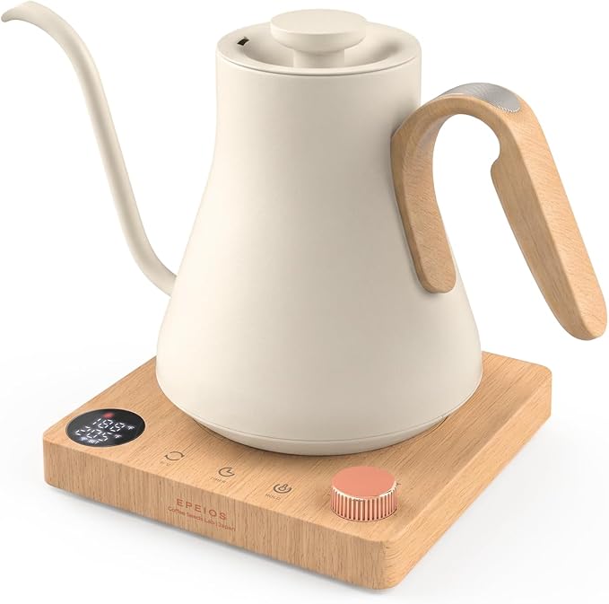 Epeios Gooseneck Electric Kettle with Temp Control,1200W,0.9L,White Walnut | Rapid Heating, for Pour Over Coffee & Tea,Hot water Boiler,Brew Timer, 304 Stainless Steel Interior, Auto Shut-Off