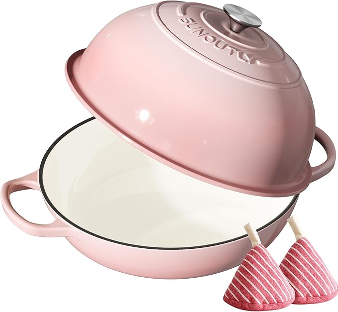 Enameled Cast Iron Bread Oven, 6QT Cast Iron Dutch Oven for Homemade Sourdough Bread Baking, Round Bread Pot with Dome Lid & Cotton Potholders, Gentle Pink