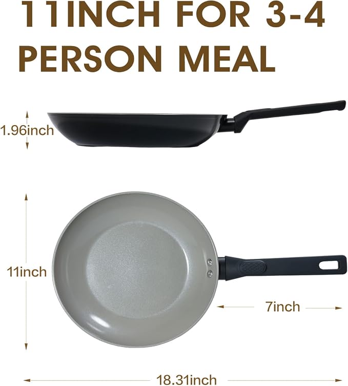 11 Inch Nonstick Frying Pan Skillet, Ceramic Frying Pan, Non Toxic Healthy Ceramic Coating, Suitable for All Stovetops, PTFE PFOA PFOS Free, Black