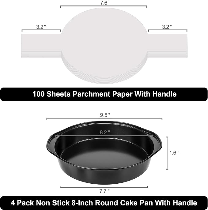 8 Inch Cake Pan, Nonstick 4 Pack Round Cake Pans with 100 Parchment Paper | Cake Pans 8 Inch for Birthday Christmas, Sturdy Circle Cake Pan Sets with Handle for Baking Layer Cakes, Dishwasher Safe
