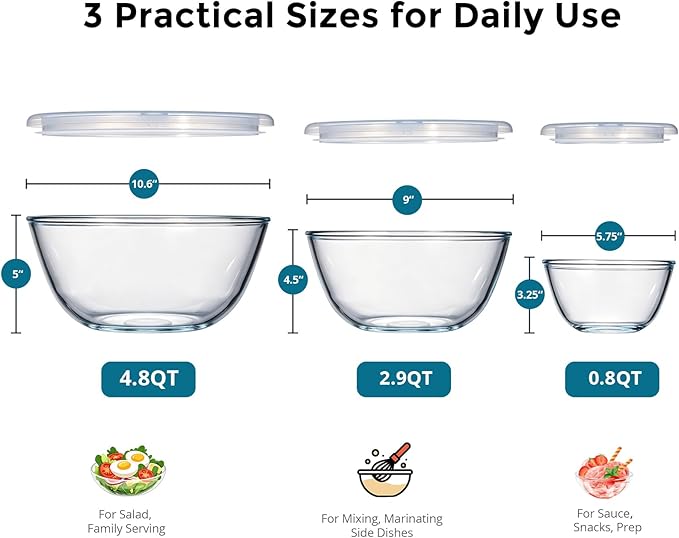 E-far Glass Mixing Bowls with Airtight Lids Set for Cooking Prep Serving | Thick Glass Salad Bowls, Large Clear Nesting Bowls for Storage Sourdough Proofing, Dishwasher Safe, 4.8,2.9,0.8 Qt, 3 Pack