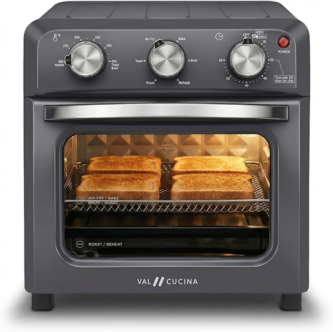 VAL CUCINA 6-in-1 Retro Air Fryer Toaster Oven Combo, Compact 12.7 QT Small Countertop Convection Oven, Fits 9" Pizza & 4 Toast, Hexagon Hybrid Heating, Enamel Baking Pan Included, Dark Grey Color