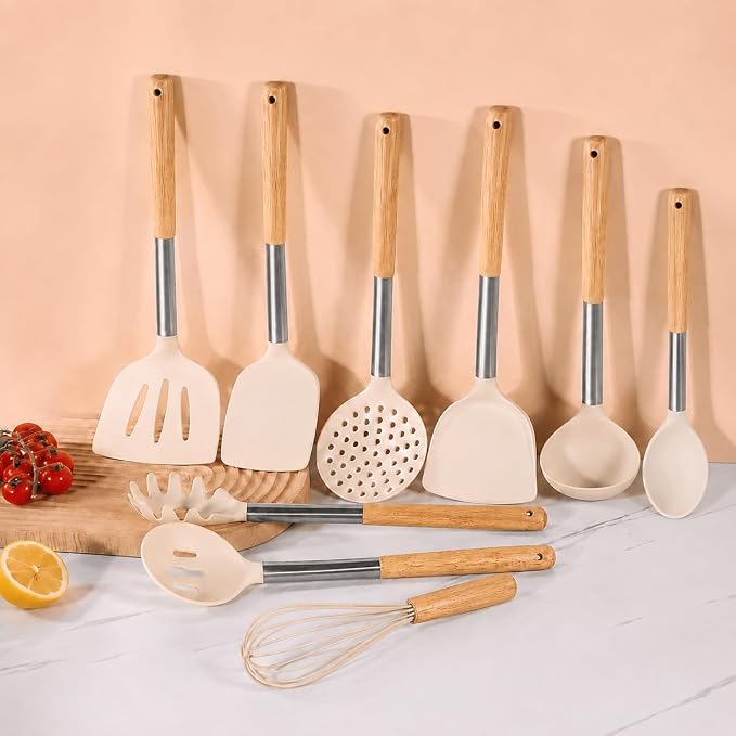 Silicone Kitchen Utensils Set, 9 Pcs Full-Size Non-Toxic Cooking Utensils with Wooden Handles & Stainless Steel Core, Heat Resistant Food Grade Kitchen Gadgets for Nonstick Cookware