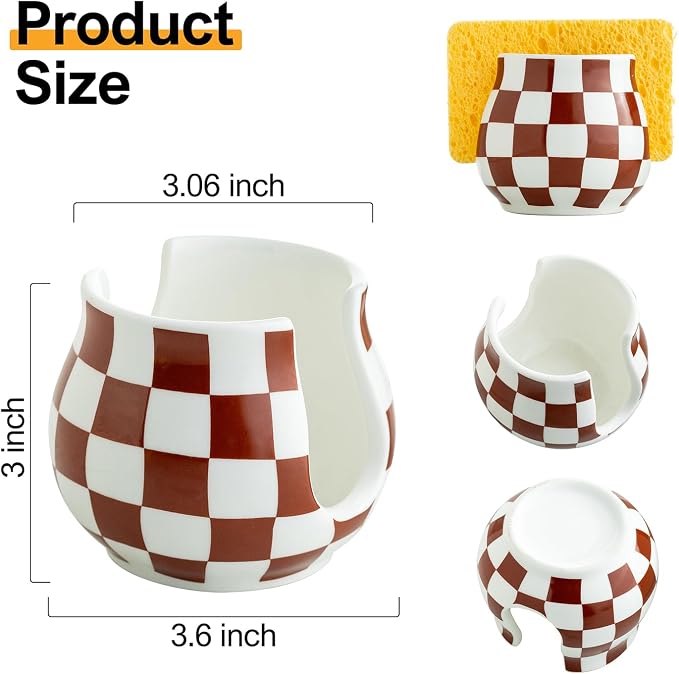 Zoeeker Sponge Holder for Kitchen Sink, Ceramic Checkered Dish Sponge Caddy | Kitchen Sink Organizer Farmhouse Scrubby Caddy Brush Holder for Bathroom, Countertop, Farmhouse Kitchen Decor, Brown & White