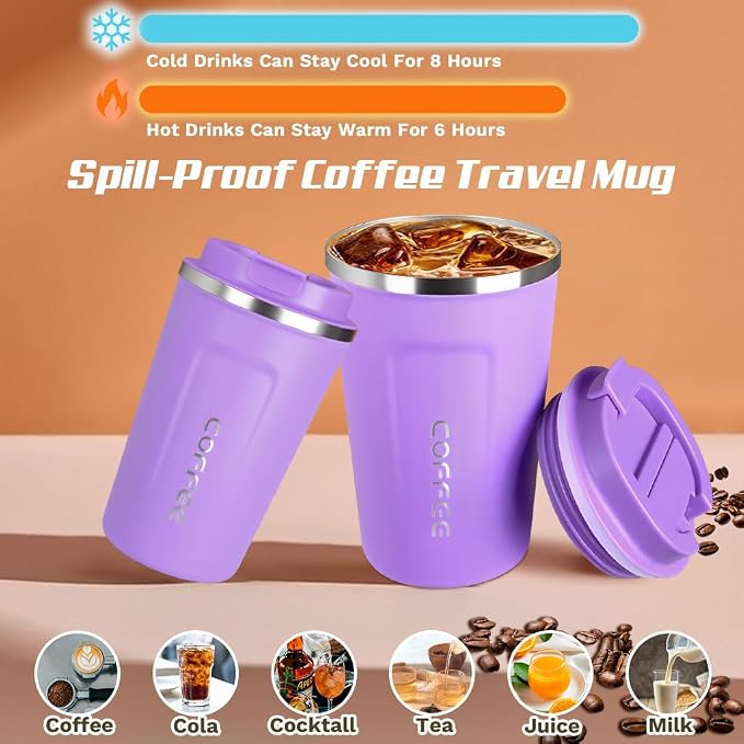 SPLMIFA Travel coffee mugs leak-proof, reusable coffee cup with lid, stainless steel vacuum insulated coffee tumblers, thermal insulation cups for men & women keep drinks hot & cold (2nd-Purple, 17OZ)