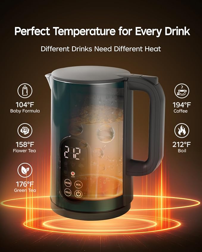 1.7L Stainless Steel Electric Kettle with Temperature Control – Green | 5 Preset Temperatures for Tea & Boiling Water, 2H Keep Warm, 1200W BOIL Mode, 304 Stainless Steel Interior, Cordless Base