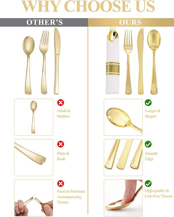 30 Pack Pre Rolled Gold Plastic Silverware, Linen Feel Napkins | Heavy Duty Disposable Wrapped Flatware Cutlery Set for Weddings, Graduation Parties, Upscale Catering & Events