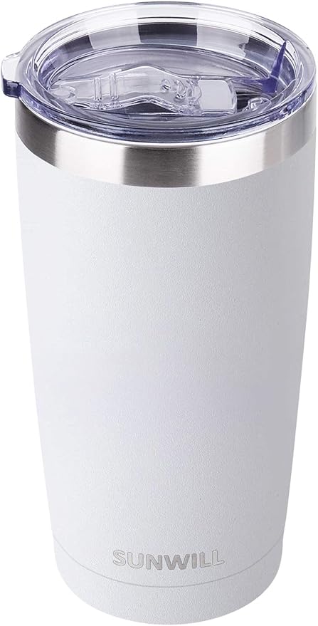 SUNWILL Travel Coffee Tumbler 20 oz, Insulated Mug with Lid, Stainless Steel Cup for Hot and Cold Drinks, Powder Coated White